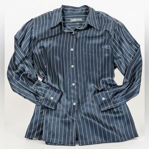 Vintage Linda Allard Ellen Tracy 100% silk top navy w/ gold pinstripes. Size 16